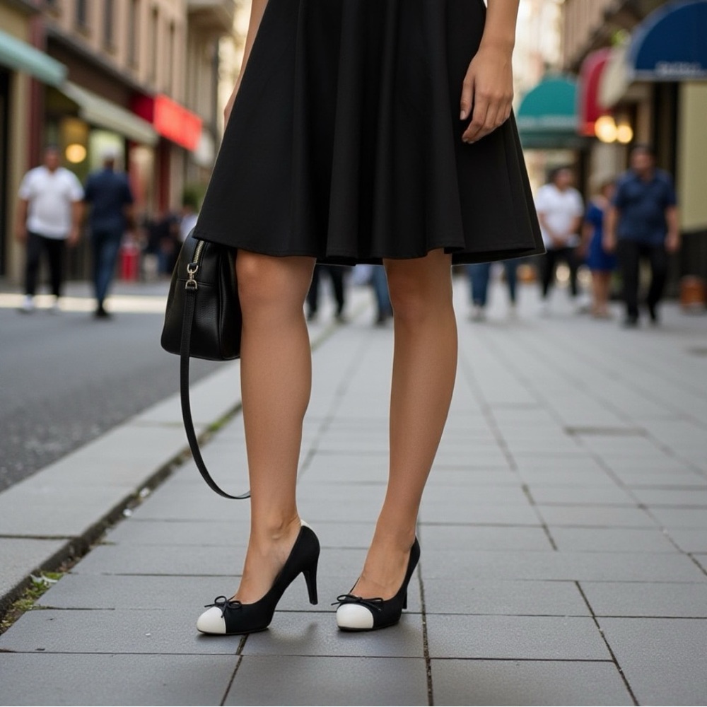 CHANEL CC Logo Black Canvas & White Cap Toe Pump Heels Size 38